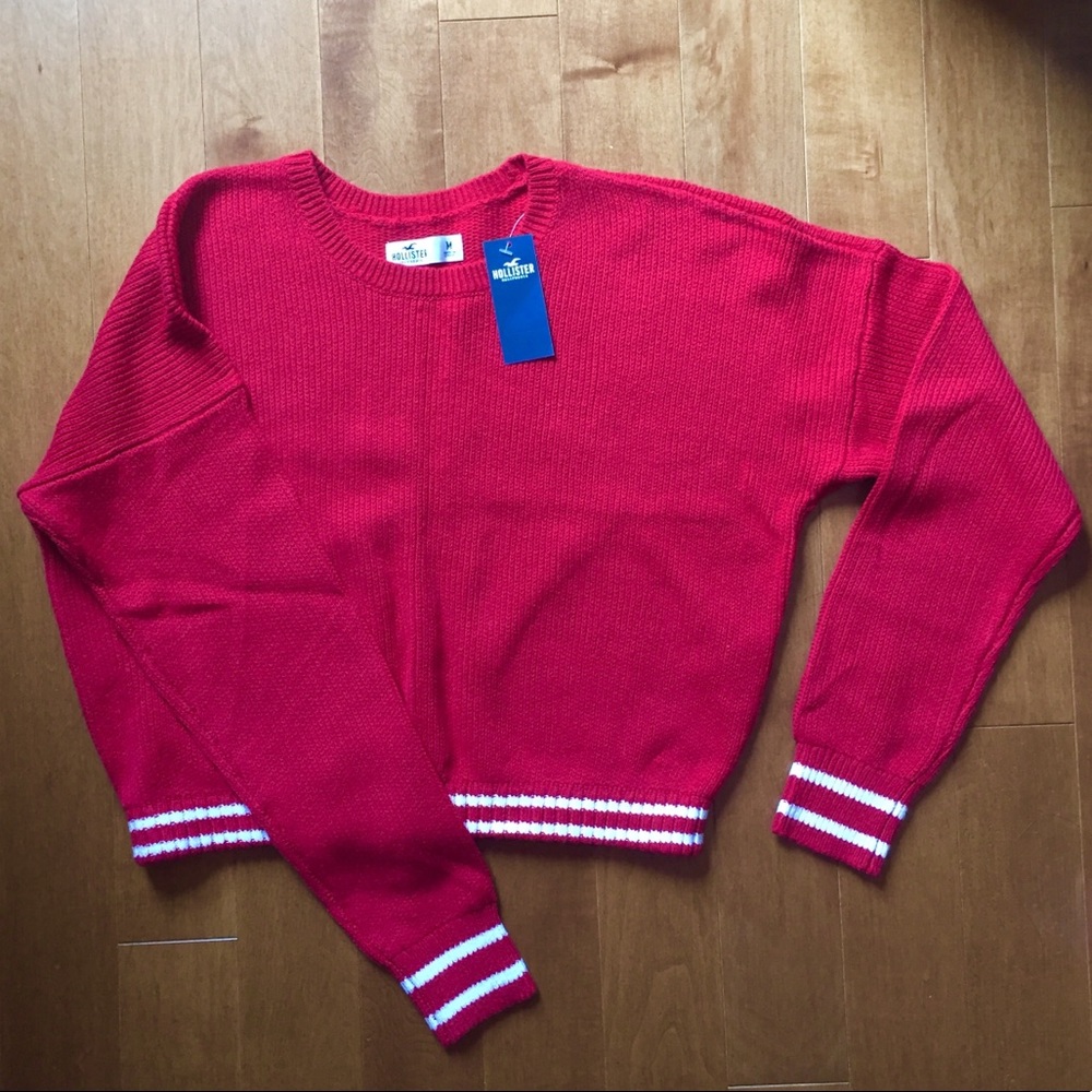 Hollister Cropped Red Sweater with White Stripes